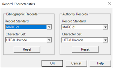 An image of the Connexion client export settings for record characteristics.