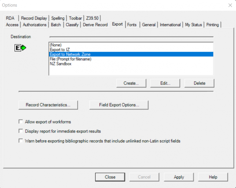 An image of the Connexion client options for export with a list of five export destinations available.