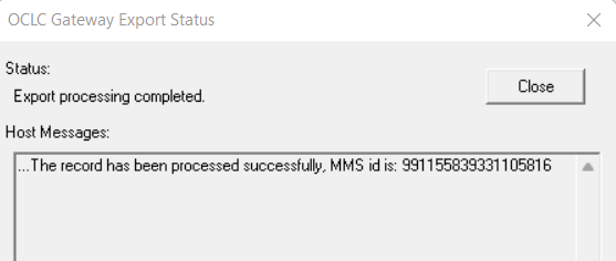 An image of the Connexion client OCLC Gateway Export Status window showing a successful export of a bibliographic record.