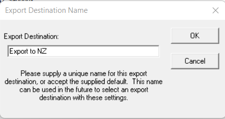 An image of the Connexion Export Destination Name window.