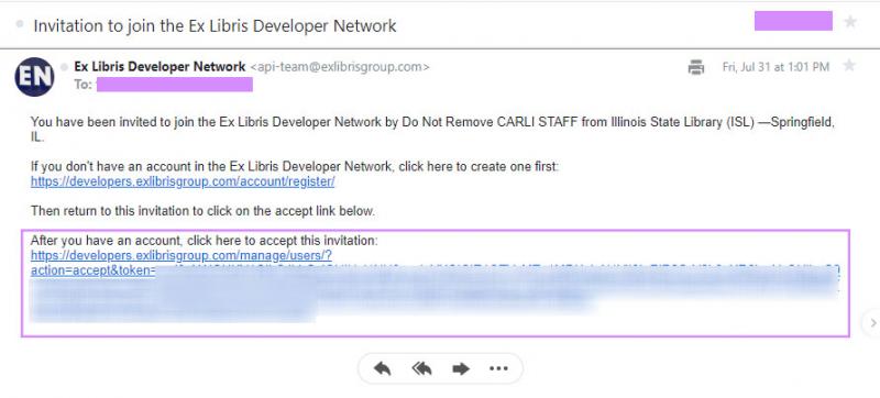 Image of the email message, Invitation to join the Ex Libris Developer Network, highlighting the section "After you have an account, click here to accept this invitation."