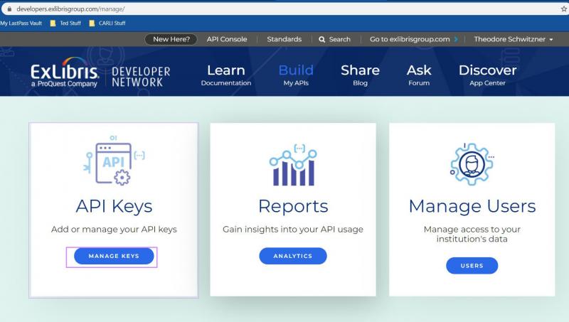 The Developer Network Build My APIs page, which shows options for managing API keys, viewing reports, and managing users.