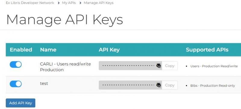 Image of the Manage API Keys screen with two keys already created. The Add API Key button is in the lower left corner.