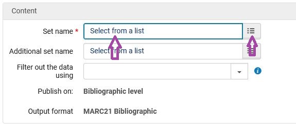 The Alma publishing profile screen, content section displaying Set name, with * indicating a required value, and text "Select from a list." Clicking on the text or clicking on the list button to the right will open a window with a list of record sets. Other content section test includes Additional set name followed by text "Select from a list;" Filter out the data using followed by an empty field; Publish on: Bibliographic level; Output format: MARC21 Bibliographic.