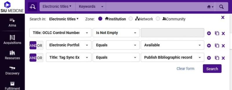 The Alma advanced search screen set to Search in: Electronic Titles, Zone: Institution. Search values are Title: OCLC Control Number (035a) Is not empty, AND Electronic Portfolio: Availability (Electronic Portfolio) Equals Available, AND Title: Tag Sync External Catalog Equals Publish Bibliographic Record