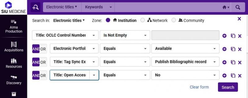 The Alma advanced search screen set to Search in: Electronic Titles, Zone: Institution. Search values are Title: OCLC Control Number (035a) Is not empty, AND Electronic Portfolio: Availability (Electronic Portfolio) Equals Available, AND Title: Tag Sync External Catalog Equals Publish Bibliographic Record, AND Title: Open Access Equals No.