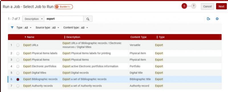 Alma screen for Run a Job - Select Job to Run. The list of jobs is filtered on the word "export" appearing in the description, with 7 jobs appearing in the list. The Export Bibliographic records radio button is selected.