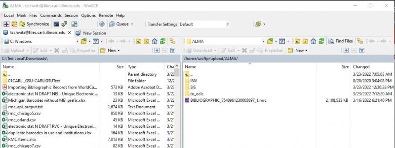 View of the CARLI Secure FTP server using WinSCP as a secure file transfer client. The left-hand window of the client shows the folder on the user's computer where files are downloaded. The right-hand window displays the ALMA subfolder for an institution's xxxftp account. The exported bibliographic records file, BIBLIOGRAPHIC_7540961230005897_1.mrc is present.