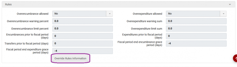 Screenshot of an Alma fund screen focused on the Rules section. Fields are grayed out to indicate they may not be edited. The Override Rules Information button is below these fields.