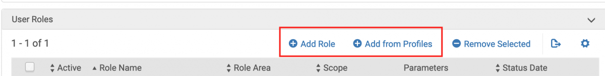 This screenshot shows the portion of the user record where on the General Tab towards the bottom, Alma displays the user's associated Alma User Roles. This screenshot highlights the "Add Role" and the "Add from Profiles" links at the top of the user roles list. Library staff with appropriate user manager roles can use those links to assign Alma staff roles to the user record they are editing.