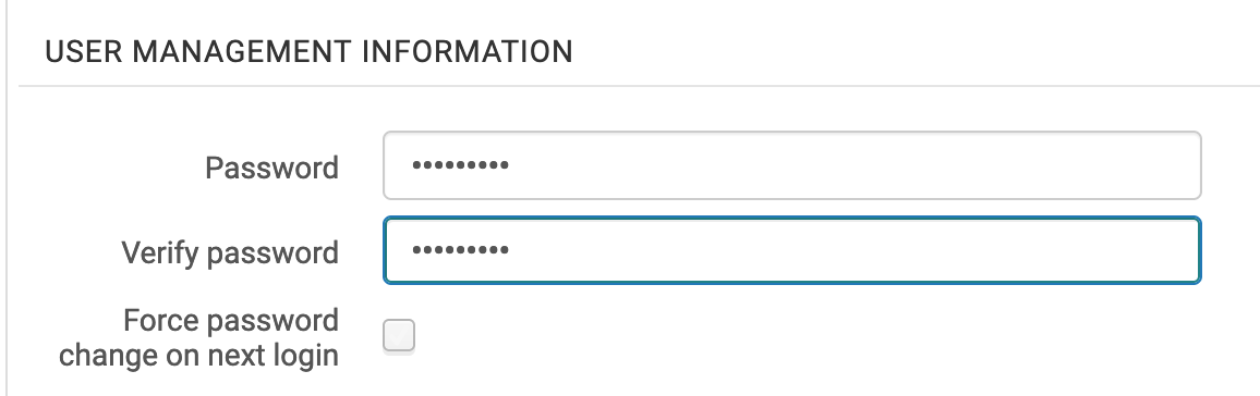 This screenshot shows the area of the user's record, where under the User Management Information section, staff can enter a Password and Verify password for user records that are managed internally in Alma.