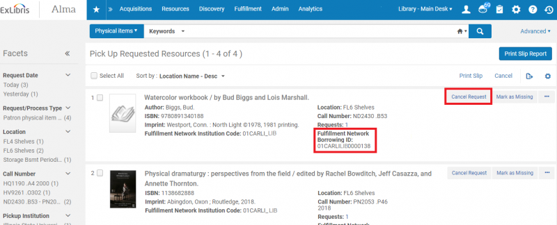 Screenshot shows a pick from shelf list, with the Fulfillment Network information highlighted so staff can know it is an I-Share request. The Cancel button is also highlighted.