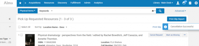 Screenshot shows the pick from shelf list with a "Cancellation Successful" alert.