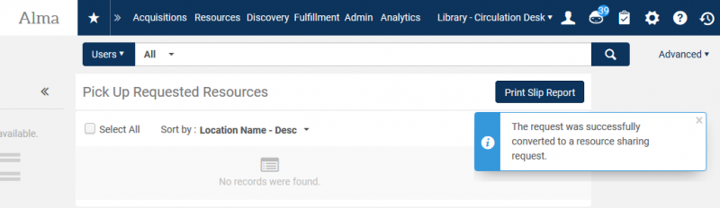 Screenshot shows an alert that "The request was successfully converted to a resource sharing request."