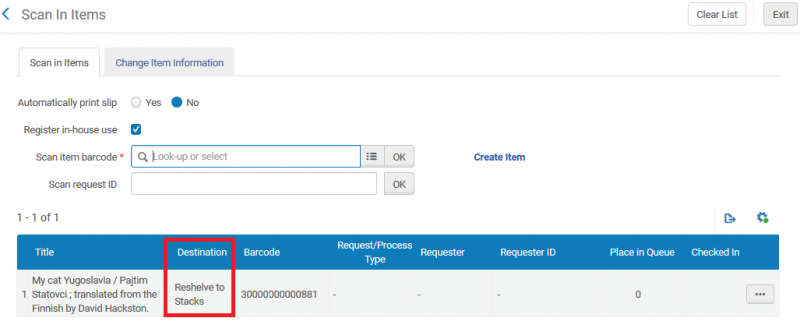 Screenshot showing the Scan in Items page with the results below. The Reshelve to Stacks destination is highlighted.