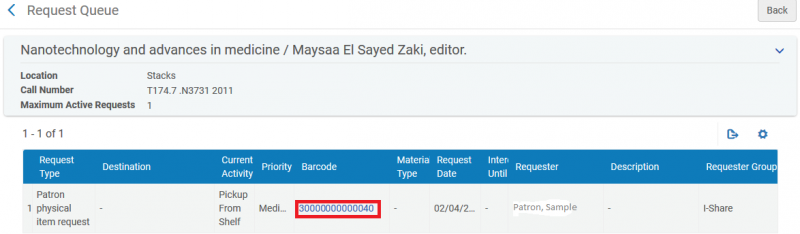 Screenshot showing the barcode column on the pending reqeust information page.