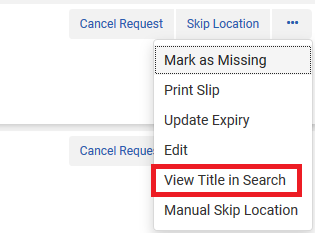 Screenshot shows the "View Title in Search" option in the ellipse presented in the Pick From Shelf list.