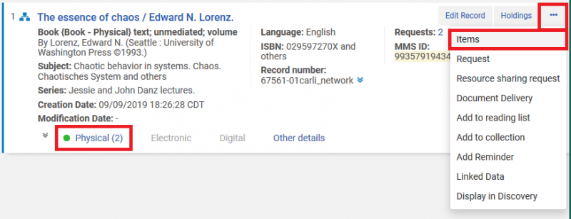 Screenshot shows the search result, with the two options to navigating to the item barcode highlighted.