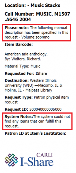 Screenshot showing a sample pick from shelf list, with the "Please Note" and "System Notes" areas highlighted.