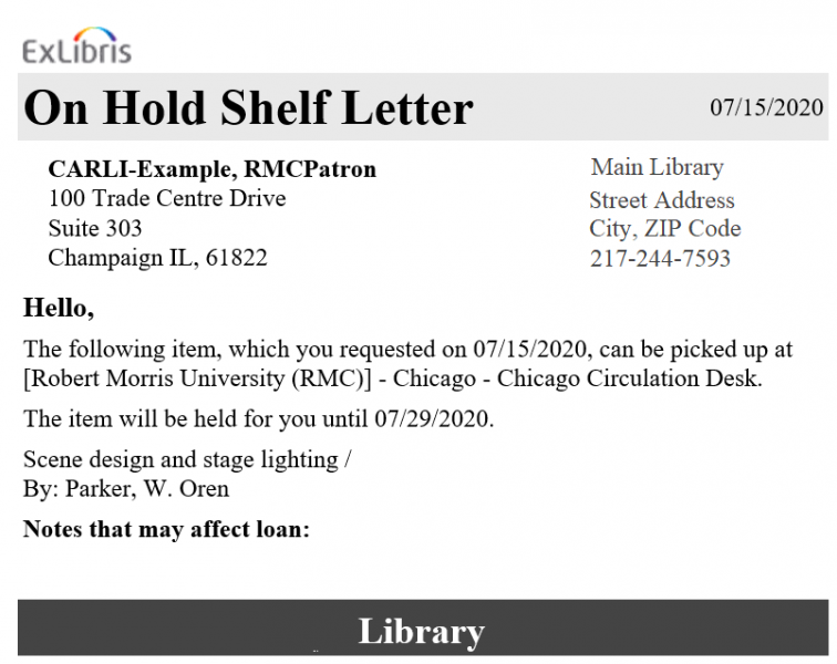 Screenshot shows an example of the "On Hold Shelf Letter"