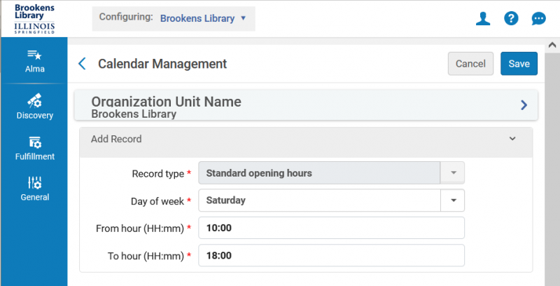 Screenshot shows the Standard Opening Hours editing form for "Saturday".