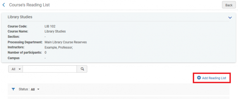 Screenshot shows the course readling list page, with the "Add Reading List" button highlighted.