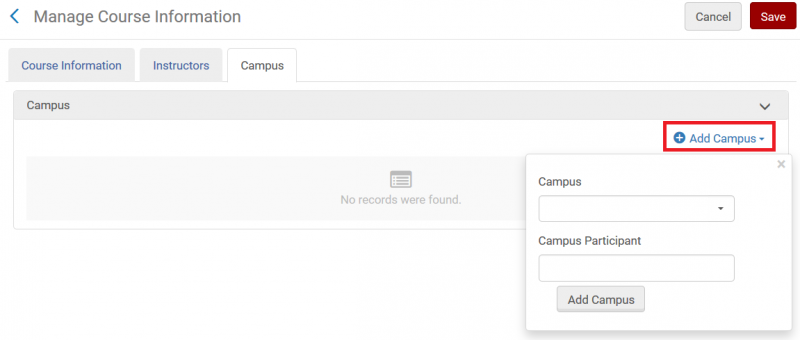 Screenshot shows the course creation window, with the Campus tab open. The Add Campus option is highlighted.