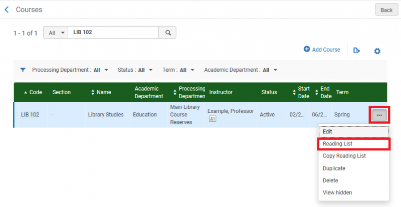 Screenshot shows the results of th search for LIB 102, which is one course reserve list. The ellipse for the list is selected, and the "Reading List" option from the drop-down menu is highlighted.