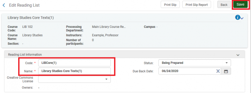 Screenshot shows the Edit Reading list window. The reading list code and name are highlighted, along with the Save button.