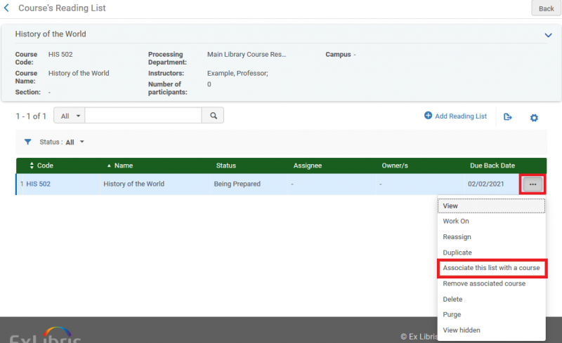 Screenshot shows the Course's Readings Lists screen, with the reading lists displayed. The ellipse for the reading list we wish to additionaly assign is highlighted, and from the menu options, "Associate this list with a course" is highlighted.