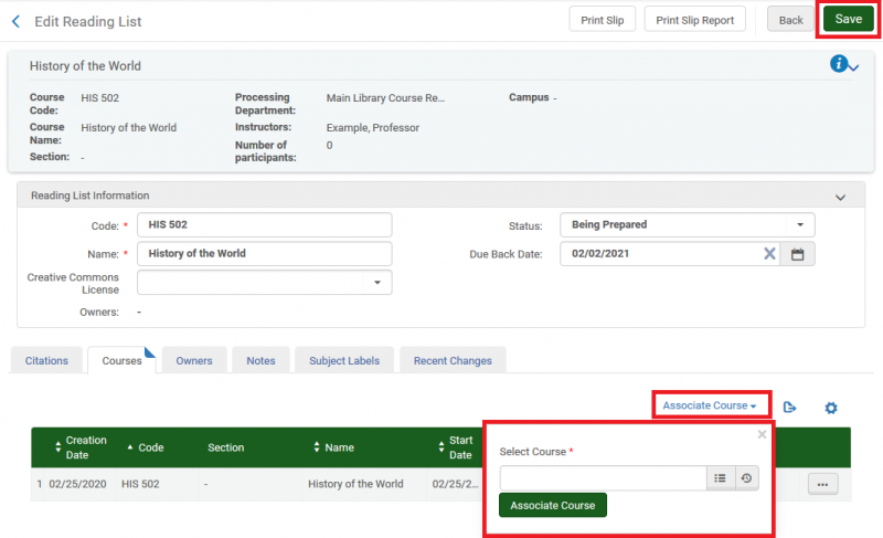 Screenshot shows the Edit Reading List window, with the "Associate Course" menu selected. The pop-up menu to select the course is highlighted, as well as the Save button.