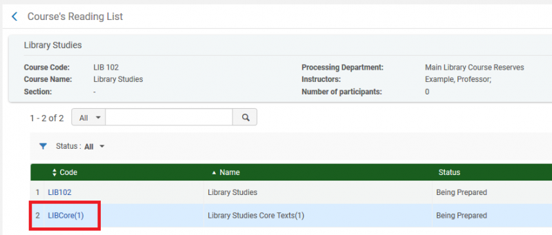 Screenshot shows the two reading lists associated with the course, noting how the code and name have a number in parenthesis included as part of the code and name. Selecting the code (highlighted) will open the editing window.