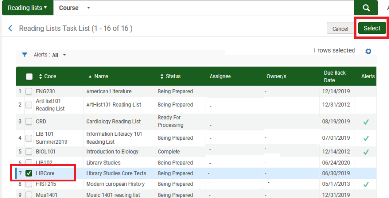 Screenshot shows the full list of reading lists available at the institution. One list is selected. The checkbox for that list is highlighted, and the "Select" button in the upper right.