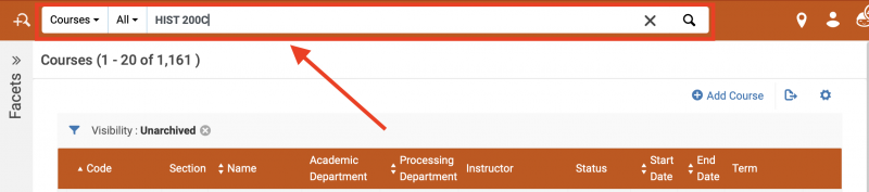 Screenshot shows the course search box at the top of the Fulfillment> Course Reserves> Courses page. An example search of  course code, LIB 102, is shown.