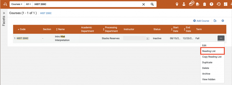 Screenshot shows the results of th search for HIST 200C, which is one course reserve list. The ellipse for the list is selected, and the "Reading List" option from the drop-down menu is highlighted.