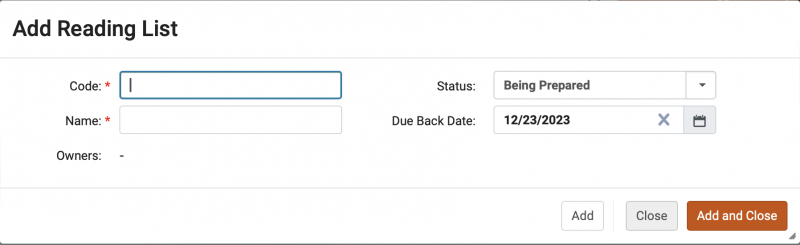 Screenshot shows the Add reading list window, with four fields for data entry.