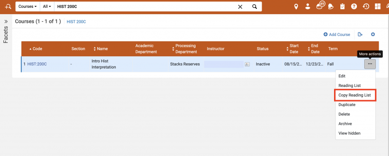 Screenshot shows the resulst of the course serach, with the ellipse for the desired course highlighted. After selecing the ellipse, the menu is shown, with "Copy Reserve List" highlighted.