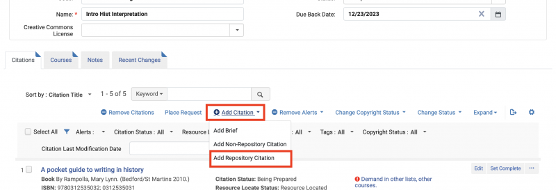 An image of the Edit Reading List screen with the add citation drop down menu deployed and highlighted