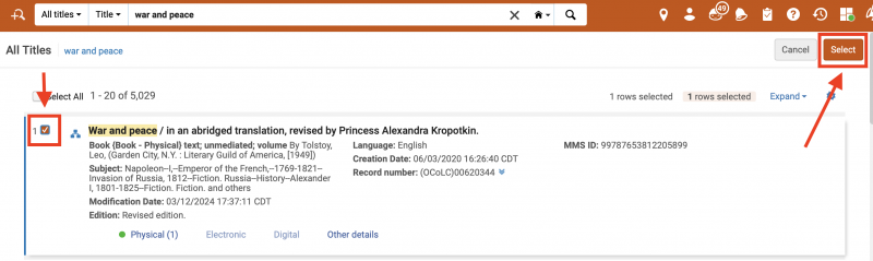 An image of the search results for War and Peace, with a checked box and the select button highlighted