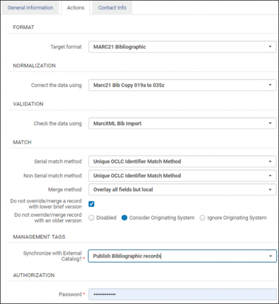 An image of the Connexion integration settings for an institution zone.