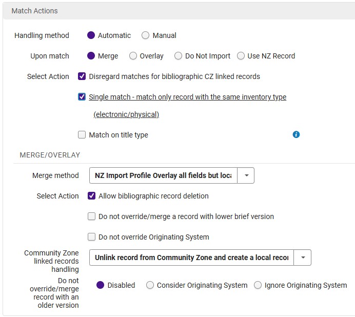 Match actions for this profile support automatic merging of records using the NZ Import Profile Overlay all fields but local rule.
