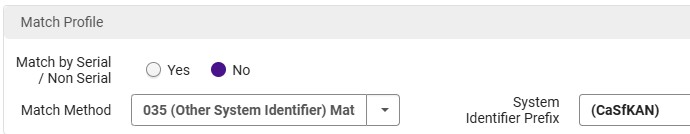 Match profile settings use the 035 other system identifier and prefix (CaSfKAN).