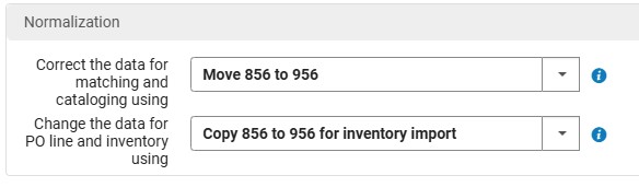 Normalization processes for the import profile include Move 856 to 956 and Copy 856 to 956 for inventory import.