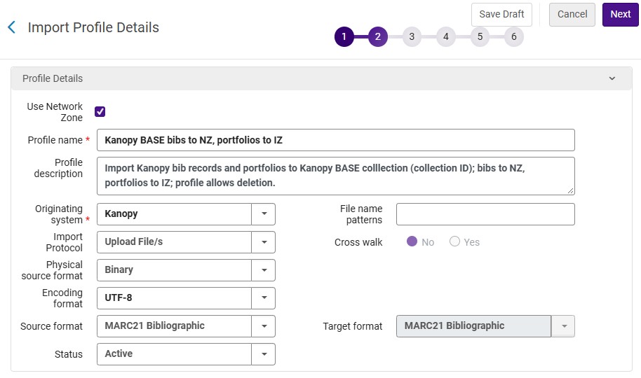 The profile details screen for the Kanopy Base import profile.