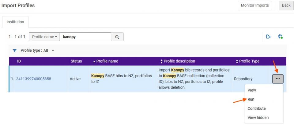 Filter the list of import profiles to find Kanopy, then select the ... menu button and Run.