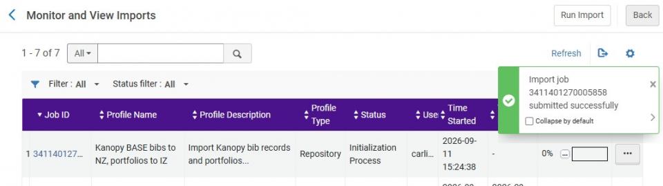 A screenshot of Alma's monitor and view imports page for the Kanopy import profile.