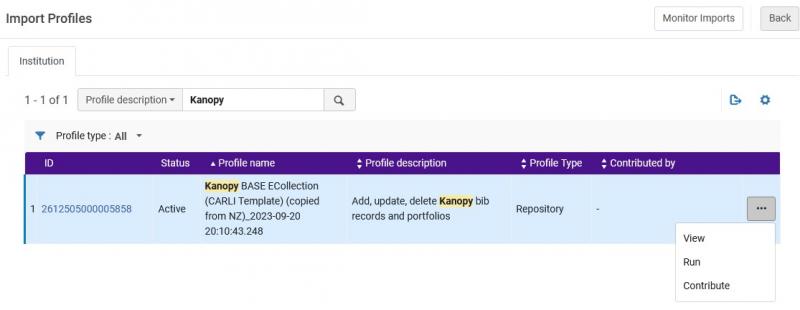 A screenshot of the Alma import profiles screen, filtered to an import profile for Kanopy. The ... menu button is active with menu options View, Run, and Contribute.