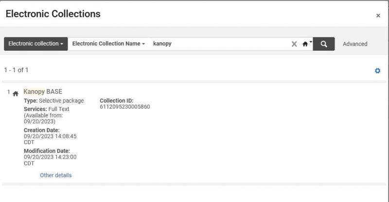 A screenshot of the electronic collection search box retrieved by clicking the "hamburger" button of the inventory information screen.