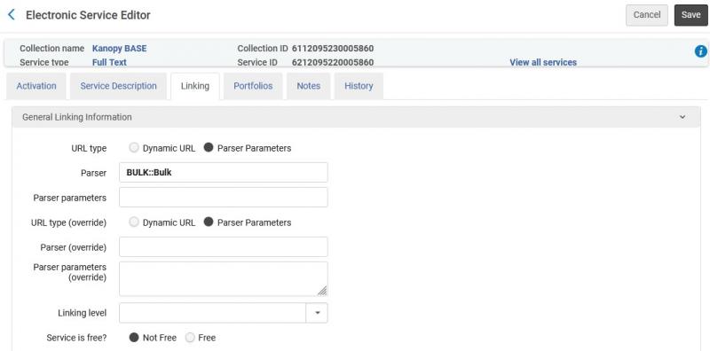 A screenshot of the Alma electronic service editor, with a Parser setting of BULK::Bulk.