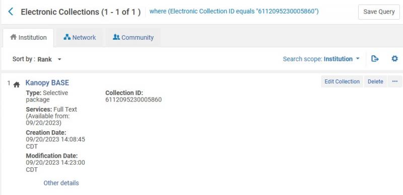 A screenshot of Alma displaying a newly created electronic collection.